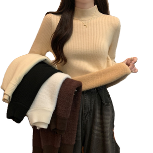 一体绒毛衣女秋冬2025新款半高领长袖打底针织衫加厚保暖内搭上衣