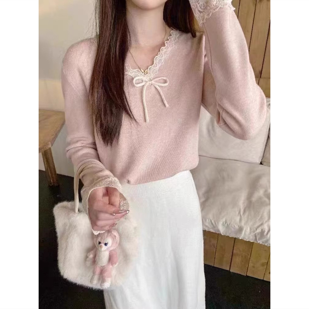 韩系甜美氛围感v领蕾丝打底毛衣女2025秋季蝴蝶结内搭针织衫上衣,女装/女士精品,毛针织衫,淘宝优惠券,粉丝福利购,淘宝优惠卷