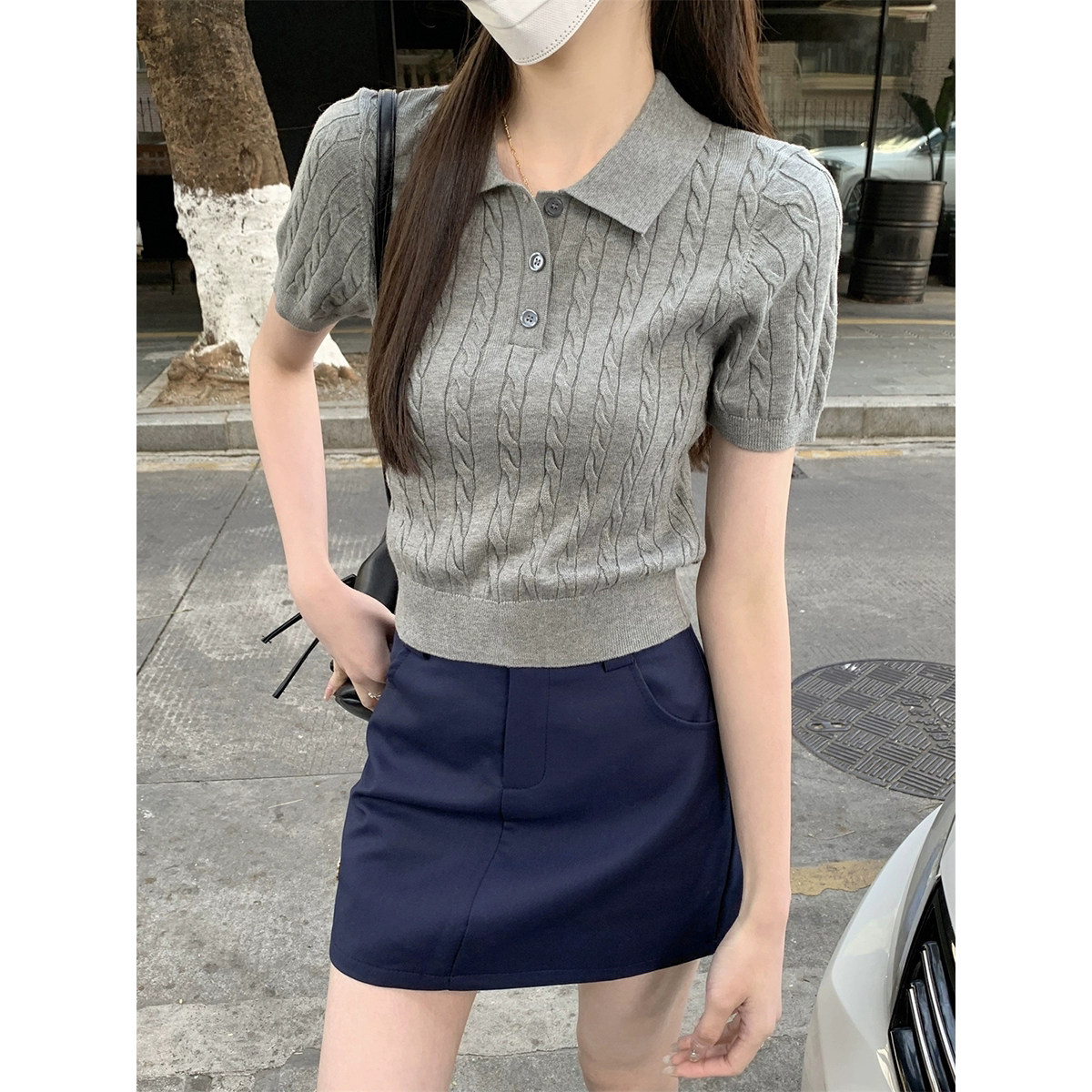 Polo领正肩灰色t恤女短袖夏季美式复古短款小个子麻花纹针织上衣