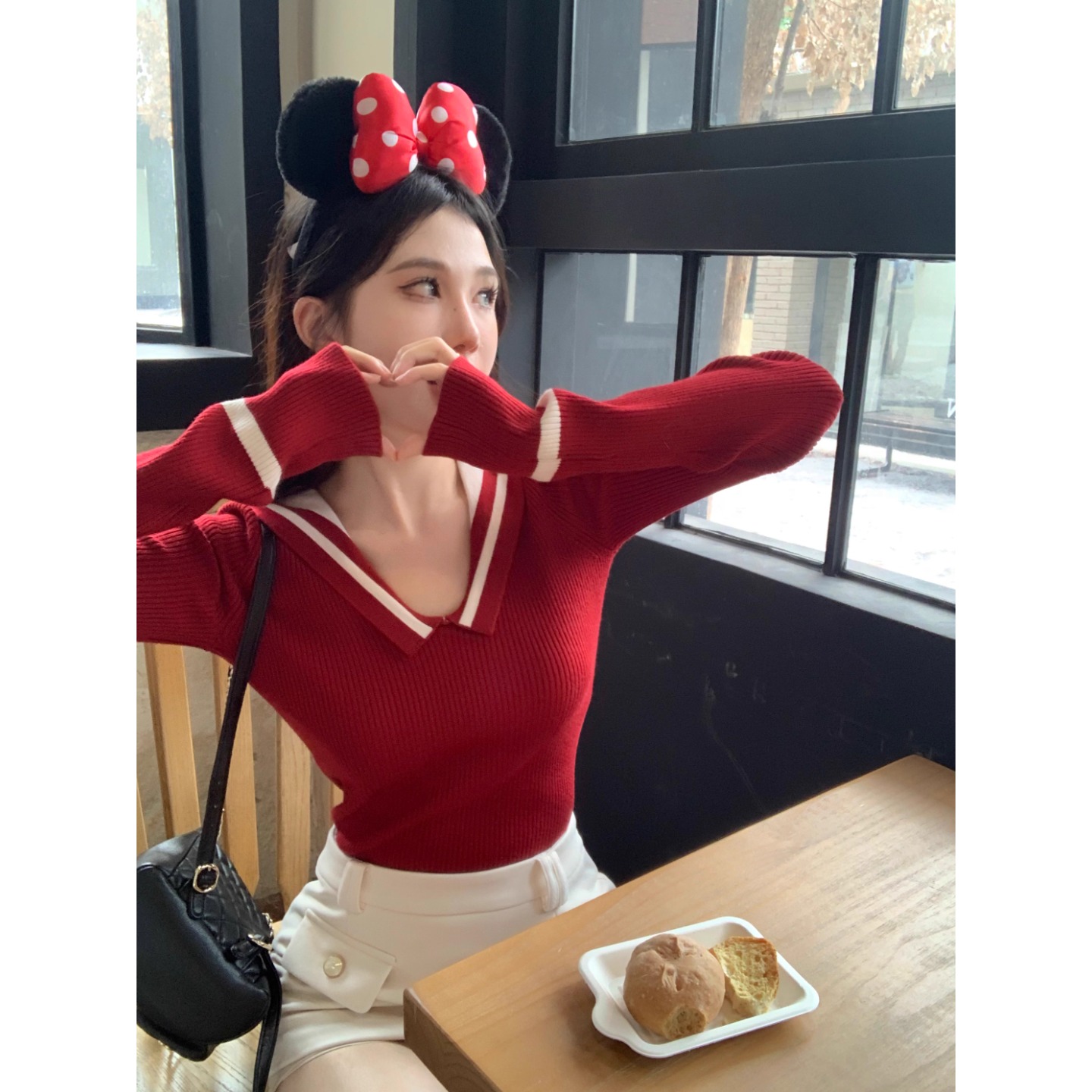 v领polo衫红色针织衫女长袖上衣秋冬法式气质高级感海军领毛衣女