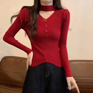 新年圣诞红色毛衣女内搭秋冬洋气外穿修身短款长袖打底针织衫上衣