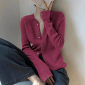 修身 长袖 针织开衫 春秋薄款 外套上衣小个子短款 树莓粉色毛衣女外穿