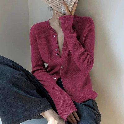 春秋薄款修身长袖针织开衫外套上衣小个子短款树莓粉色毛衣女外穿