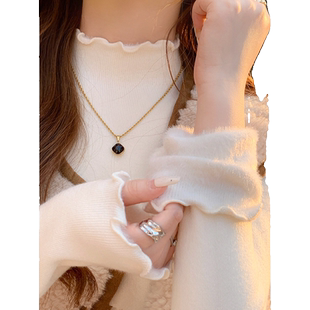 木耳边半高领长袖打底针织衫上衣秋冬内搭保暖加绒加厚白色毛衣女