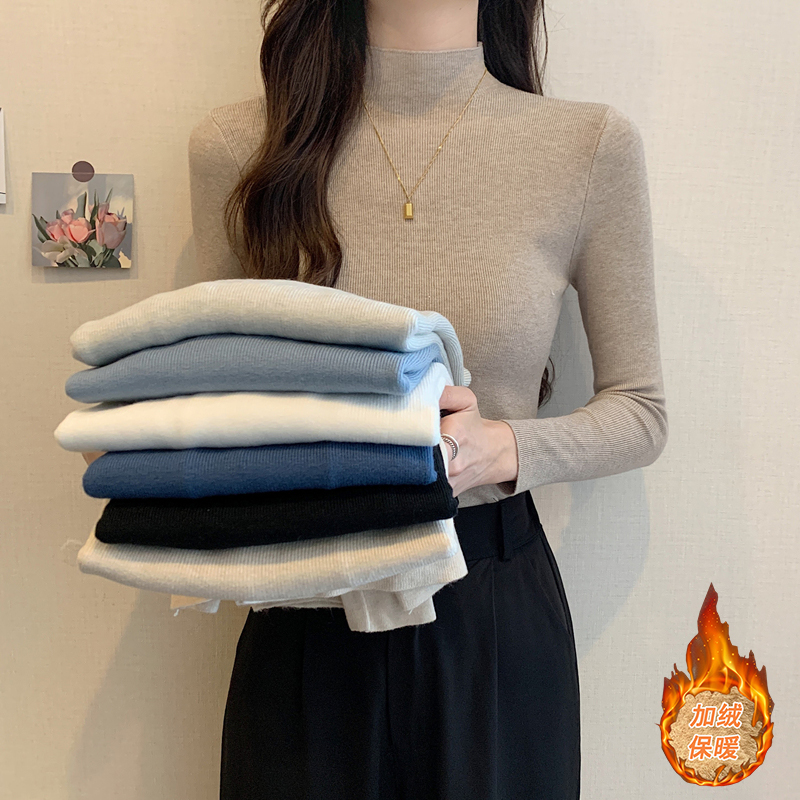 半高领内搭修身紧身长袖针织衫女