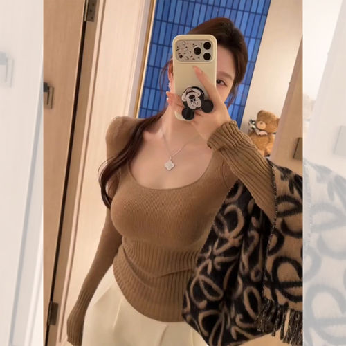 纯欲风辣妹性感方领长袖打底针织衫上衣春秋冬修身紧身内搭毛衣女