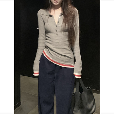 韩系polo领打底衫女秋冬内搭毛衣针织衫高级感设计感小众灰色上衣