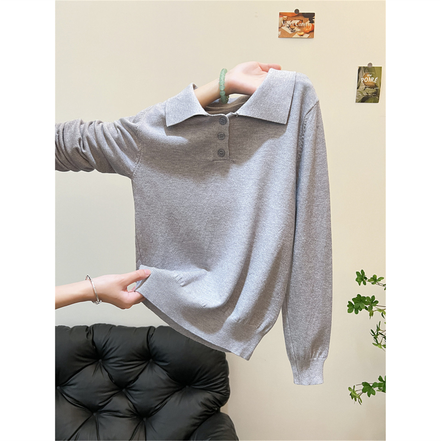 高级感灰色polo衫长袖打底针织衫女秋冬外穿百搭宽松气质翻领上衣