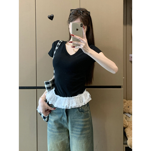 甜美下摆蕾丝拼接短袖 褶皱收腰设计感上衣 正肩t恤女2025夏季 修身