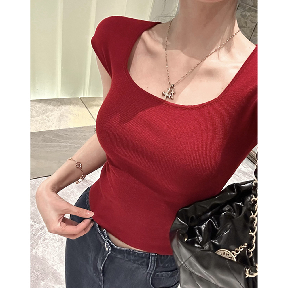 方领短袖针织红色t恤女春夏季高级感修身紧身短款辣妹打底衫上衣