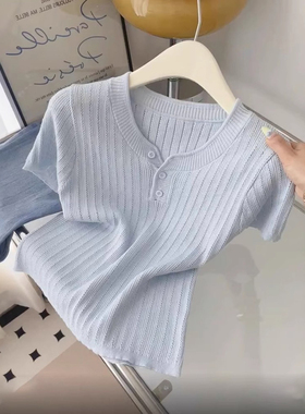 轻薄款蓝色正肩冰丝针织衫短袖女2025夏季穿搭轻熟小众不撞款上衣