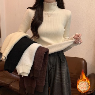 木耳边半高领修身紧身长袖打底针织衫上衣秋冬加厚加绒毛衣女内搭