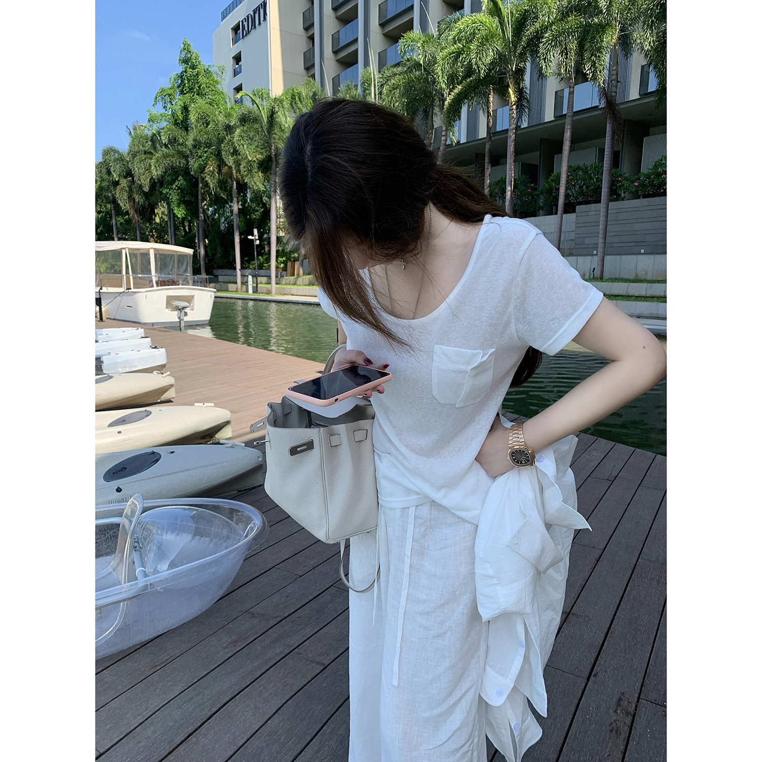 正肩白色t恤女短袖夏季设计感口袋打底小衫宽松显瘦休闲百搭上衣