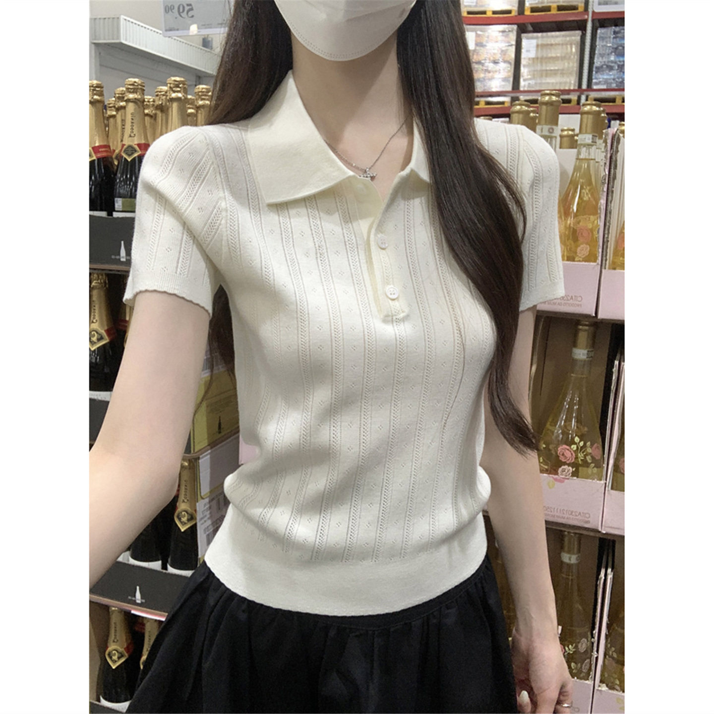夏天巨好看的凉感polo领冰丝针织短袖t恤女韩系chic别致小衫上衣