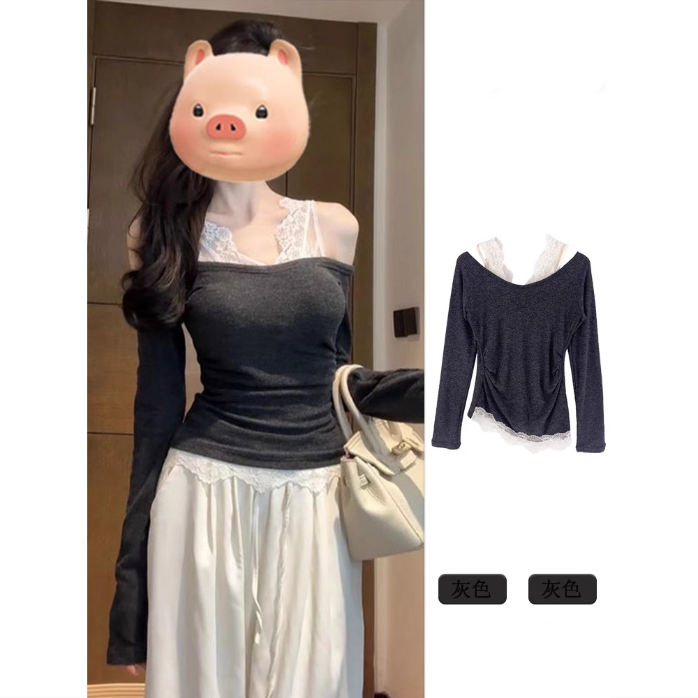 春秋季一字肩修身紧身t恤女长袖纯欲辣妹蕾丝花边内搭打底衫上衣