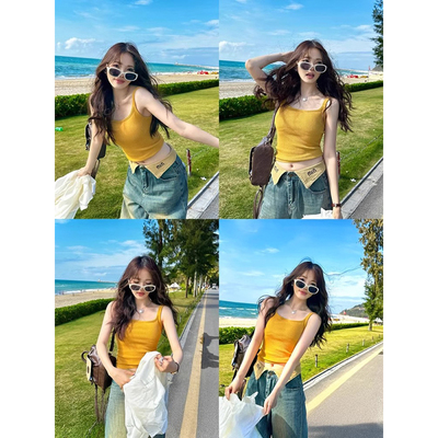 多巴胺海边穿搭黄色吊带女夏纯欲外穿带胸垫美背背心无袖内搭上衣