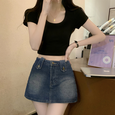 正肩圆领黑色t恤女短袖夏季修身显瘦短款辣妹高腰露肚脐体恤上衣