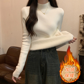 打底针织衫 秋冬半高领修身 紧身长袖 上衣加厚一体绒保暖白色毛衣女
