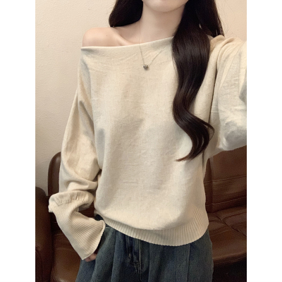 春秋冬薄款宽松慵懒长袖打底针织衫上衣洋气可外穿斜肩毛衣女内搭