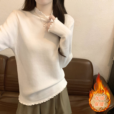 木耳边半高领毛衣女秋冬季外穿加厚一体绒内搭长袖打底针织衫上衣