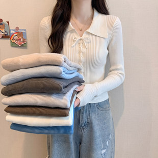 早秋季Polo翻领修身短款内搭毛衣女秋冬可外穿长袖打底针织衫上衣