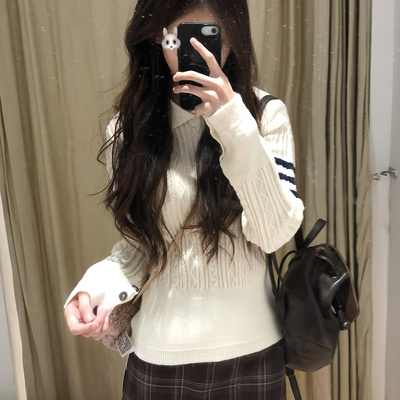 秋冬高级感翻领修身显瘦长袖打底针织衫上衣Polo领内搭白色毛衣女
