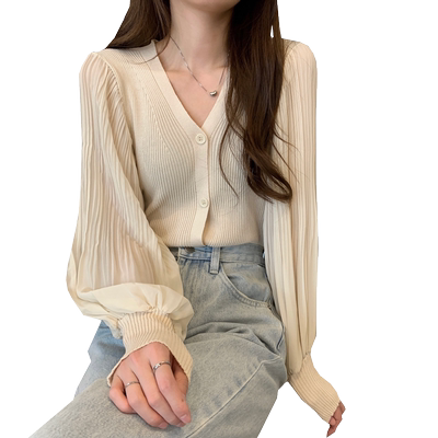 春秋薄款v领短外套长袖针织衫
