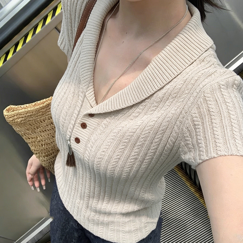 老钱风翻领纽扣针织衫女夏季百搭修身气质麻花短袖T恤polo领上衣