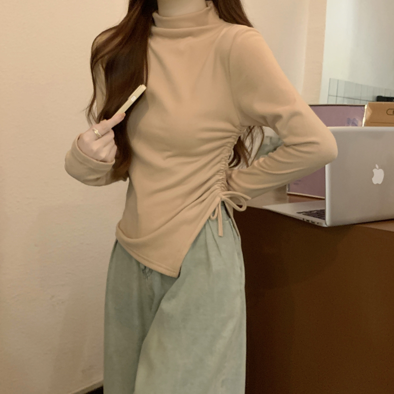 春秋冬德绒内搭半高领t恤女长袖设计感小众不规则开叉打底衫上衣