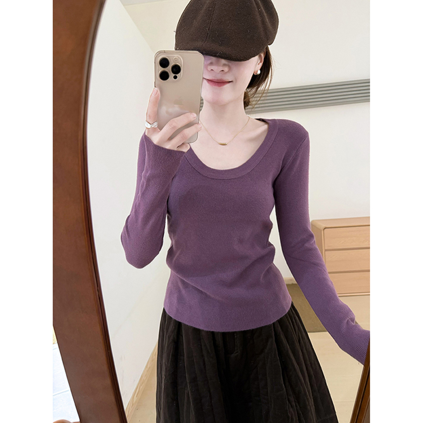 紫色u领针织打底衫女毛衣秋冬2025新款显瘦修身内搭长袖气质上衣