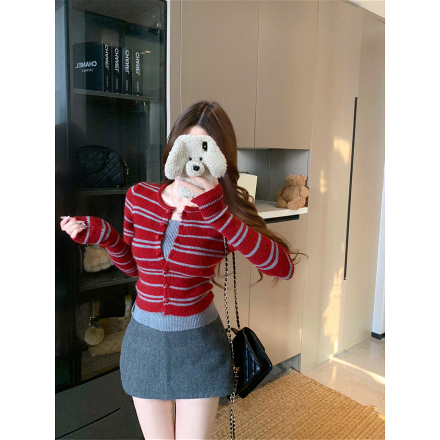 春秋美式复古修身紧身长袖打底针织衫上衣辣妹红色条纹内搭毛衣女