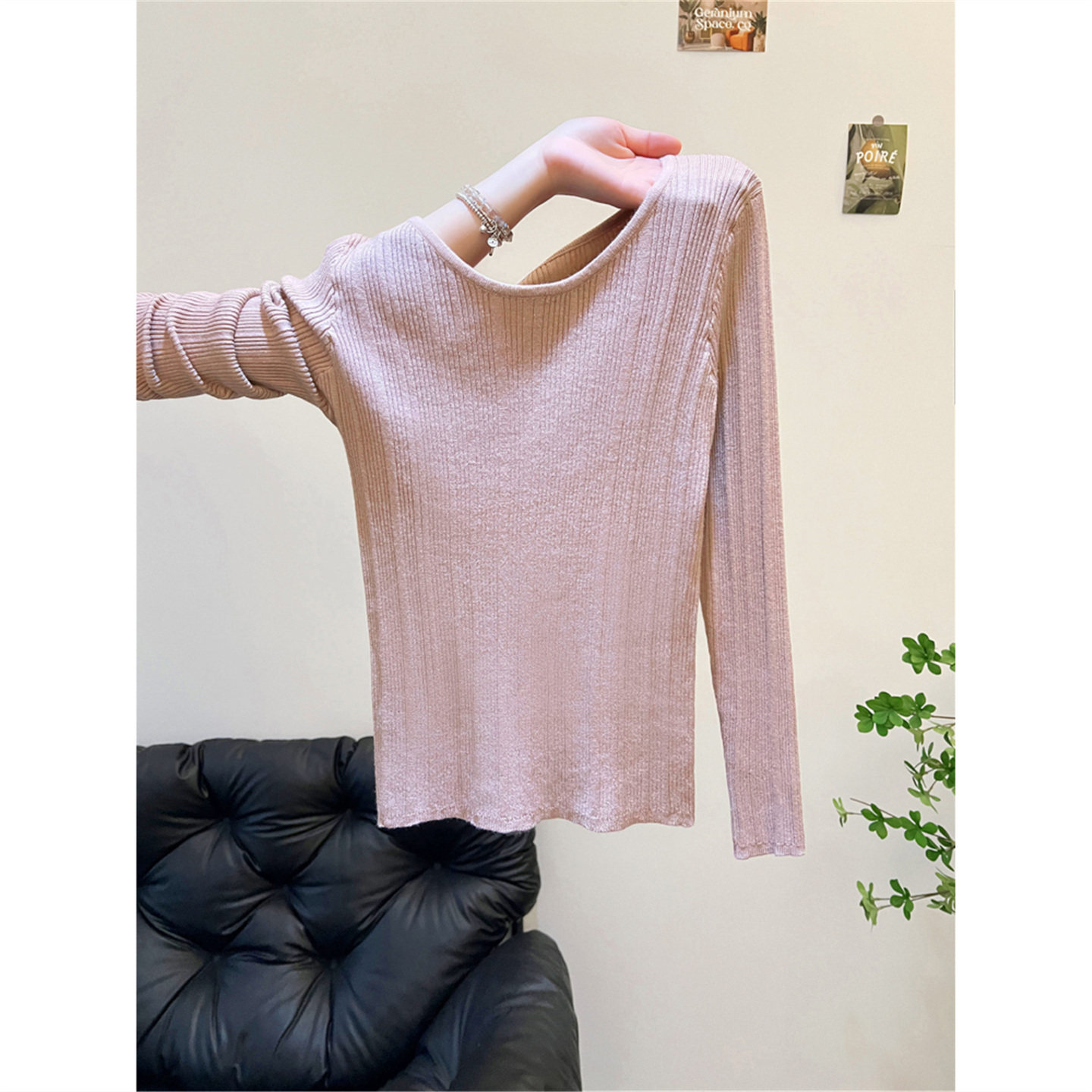 粉色圆领毛衣女春秋冬新款修身紧身小个子短款长袖打底针织衫上衣