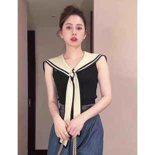 上衣 海军领绑带修身 针织背心外穿女夏季 韩系修身 显瘦气质甜美无袖
