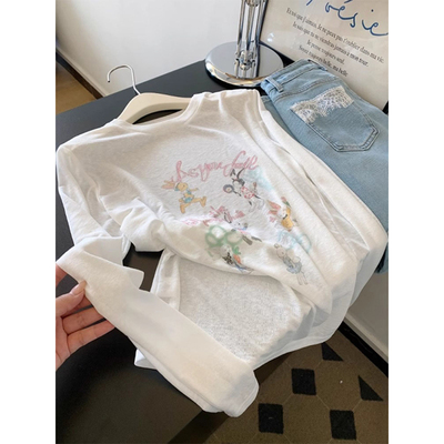 白色薄款微透印花长袖防晒罩衫r恤女2025新款爆款夏日绝美小上衣