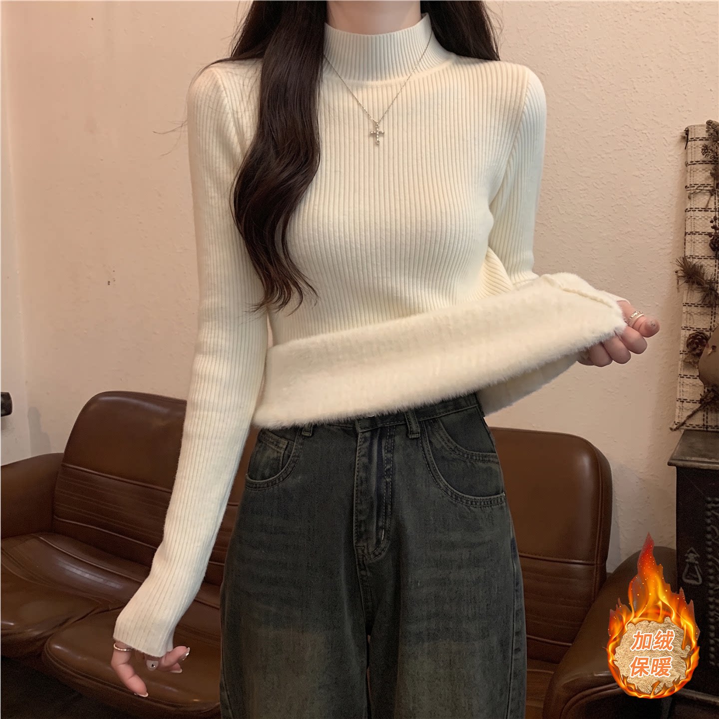 加厚一体绒白色内搭半高领毛衣女秋冬季可外穿长袖打底针织衫上衣