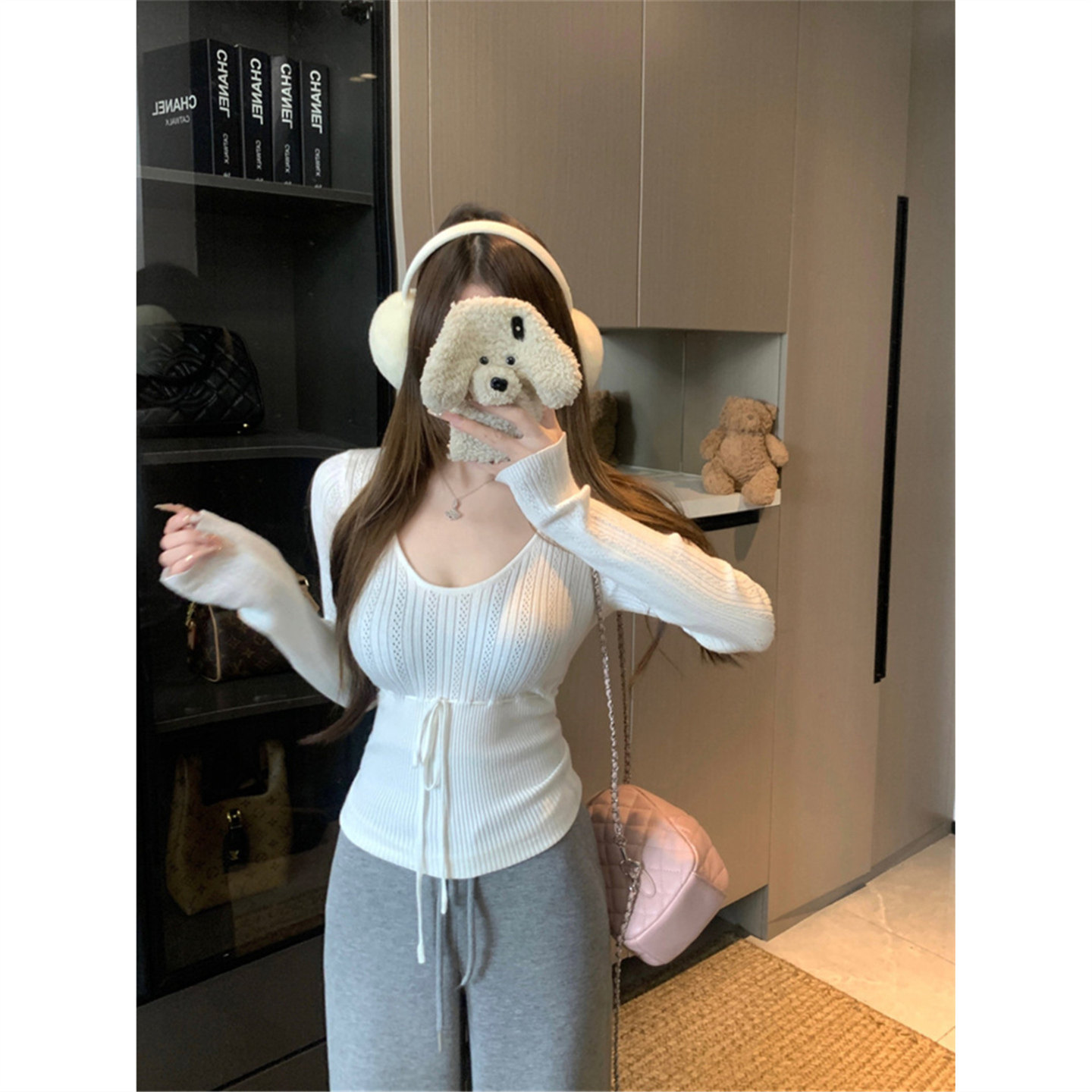 白色u领系带收腰针织衫女春季设计感外穿内搭毛衣长袖打底衫上衣