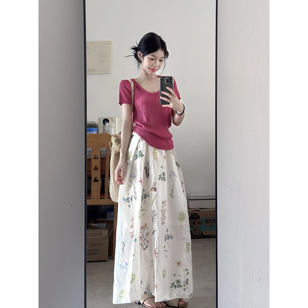 玫粉色显白u领正肩短袖T恤女夏季超好看修身显瘦冰丝针织短款上衣