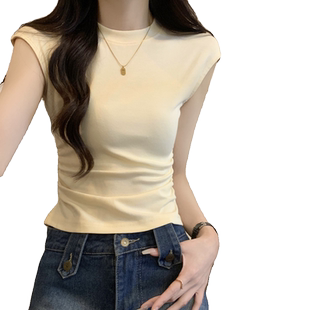 正肩杏色t恤女短袖夏季韩系小飞袖纯欲修身短款辣妹褶皱上衣小衫