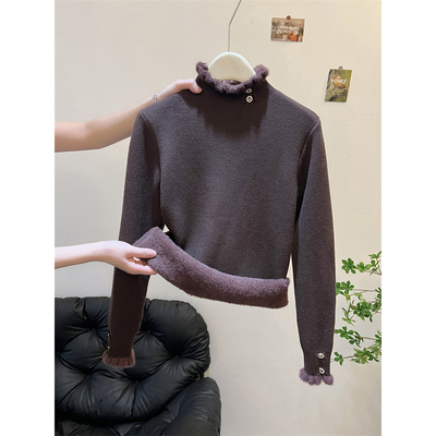 秋冬加厚一体绒长袖打底针织衫上衣高级感气质木耳边半高领毛衣女