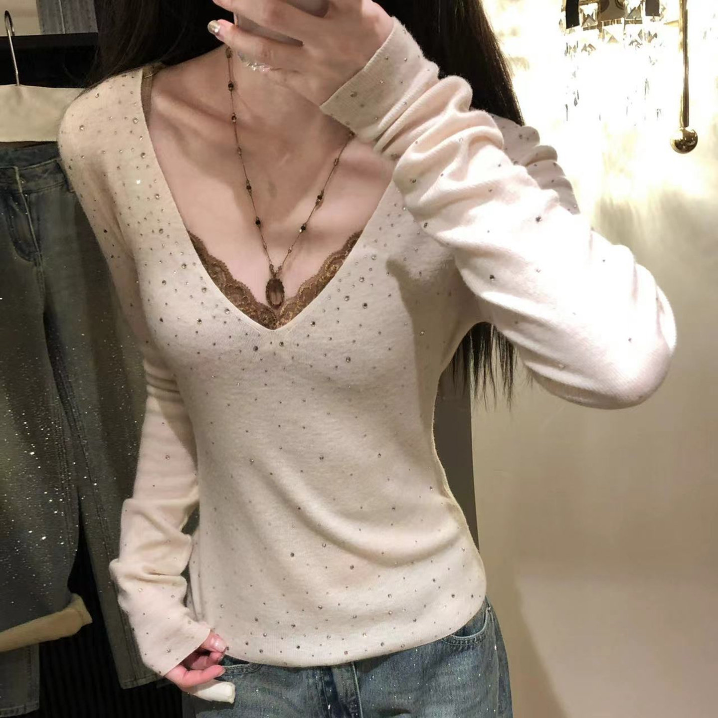 秋冬纯欲辣妹v领修身紧身长袖打底针织衫上衣重工烫钻毛衣女内搭,女装/女士精品,毛针织衫,淘宝优惠券,粉丝福利购,淘宝优惠卷