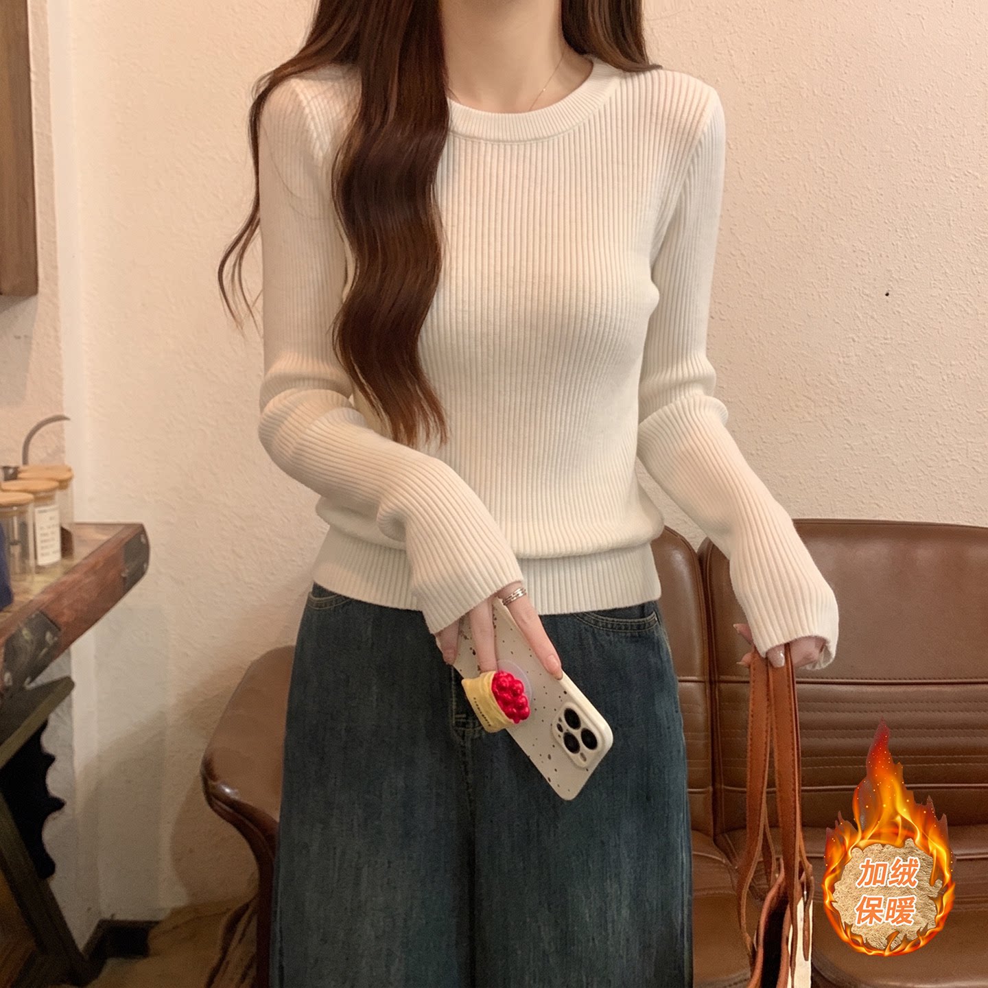 春秋新款圆领百搭修身长袖打底针织衫上衣紧身内搭短款毛衣女秋冬