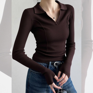 法式咖色polo衫翻领针织打底衫女秋冬毛衣内搭高级感气质长袖上衣