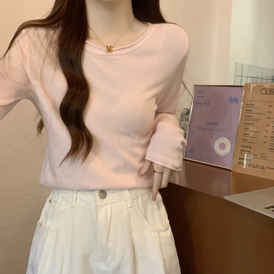 春秋薄款圆领百搭修身显瘦长袖打底针织衫上衣秋冬内搭粉色毛衣女