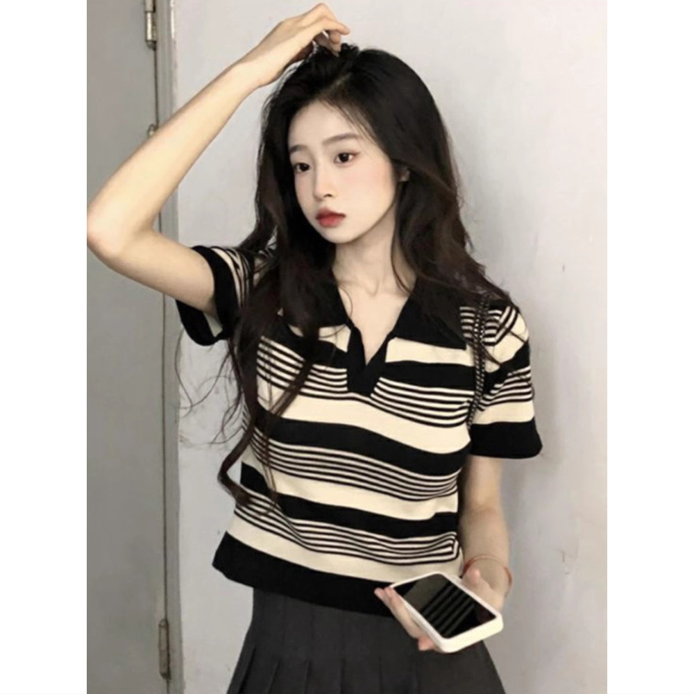 黑色条纹Polo领t恤女短袖夏季薄款翻领修身短款辣妹冰丝针织上衣