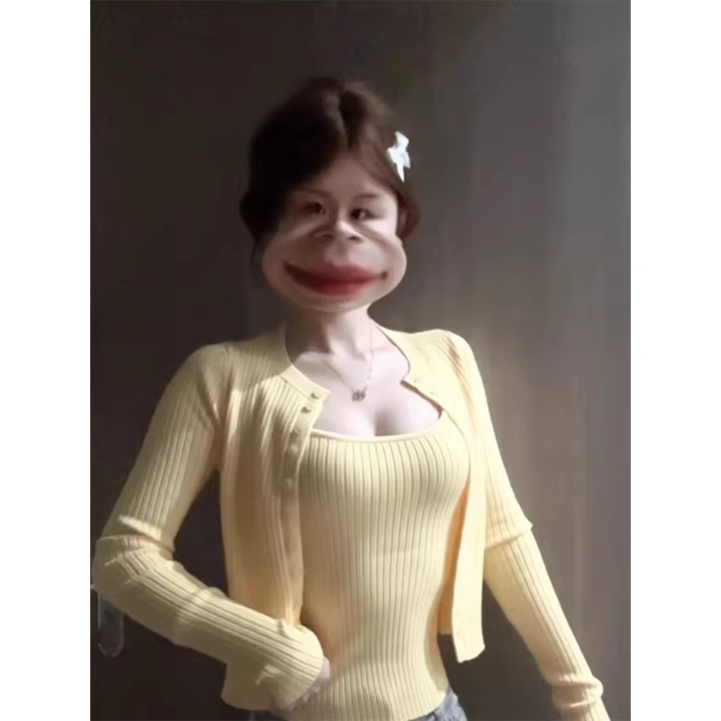 韩系纯欲辣妹黄色针织开衫配吊带背心两件套女春秋季百搭修身上衣