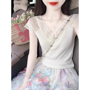 小飞袖 蕾丝v领冰丝针织短袖 绝美辣妹修身 t恤女2025新款 上衣女 夏季