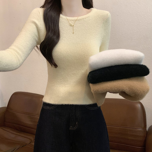 圆领毛衣女加厚保暖长袖打底衫秋冬2025新款内搭水貂绒针织衫上衣
