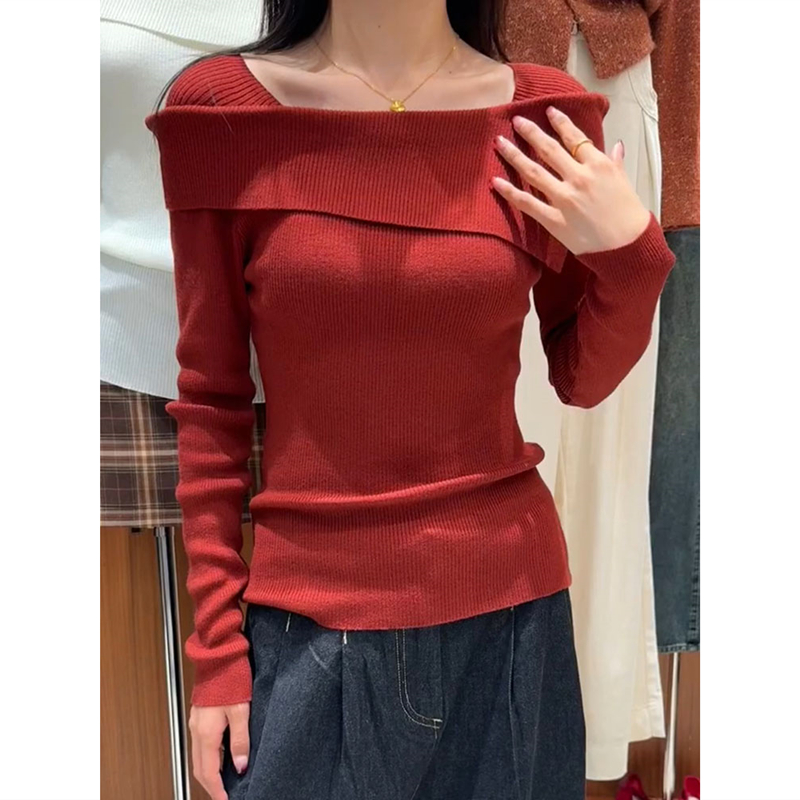 秋冬内搭一字肩长袖打底针织衫上衣纯欲风辣妹修身弹力红色毛衣女
