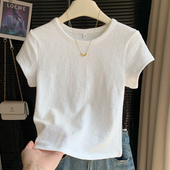圆领正肩白色t恤女短袖 棉麻上衣 短款 夏季 设计感小众休闲百搭修身