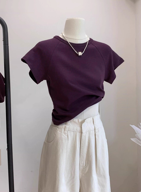 正肩紫色t恤女短袖夏季新款圆领百搭修身显瘦辣妹短款小个子上衣